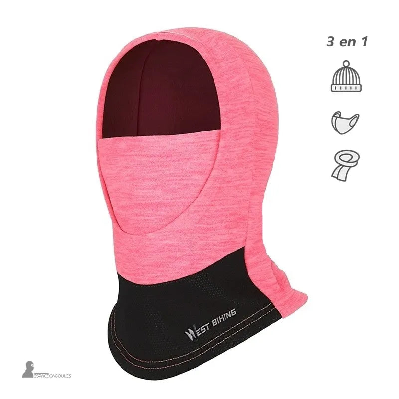 Cagoule ski fille rose 3 en 1 présentée sur fond blanc avec pictogrammes bonnet, masque et écharpe, soulignant sa polyvalence hivernale – Espace Cagoules