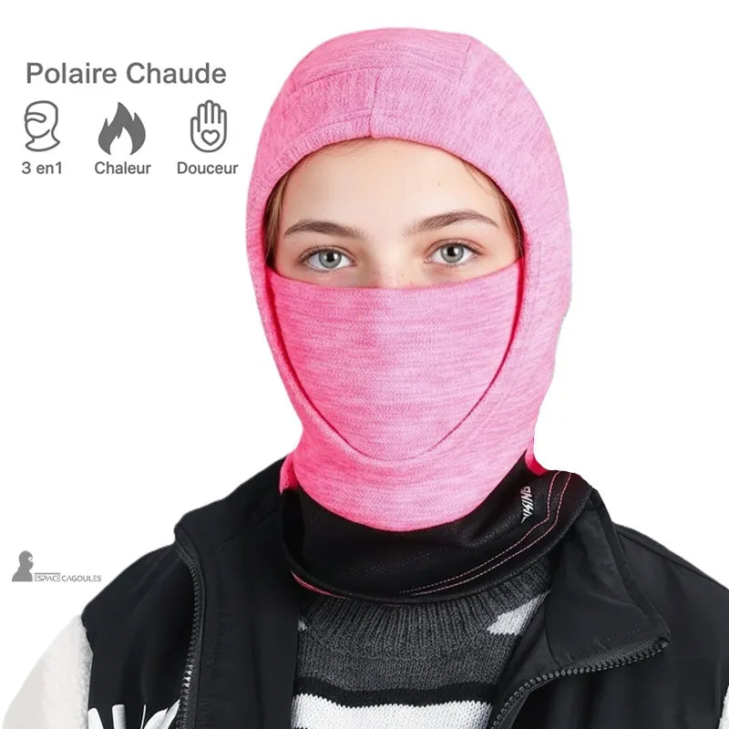 Cagoule ski fille rose portée par une jeune fille, démontrant la douceur de la polaire chaude et la couvrance intégrale du visage – Espace Cagoules