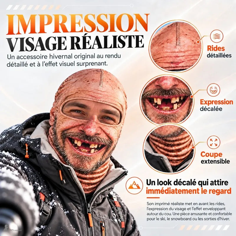 Gros plans sur l'impression réaliste de la cagoule FaceFun : rides du front, sourire édenté et col extensible - Espace Cagoules
