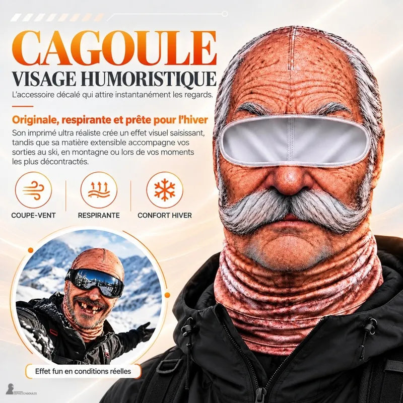 Visuel de présentation de la cagoule ski fun FaceFun papy moustachu avec ses atouts anti-vent et respirant - Espace Cagoules