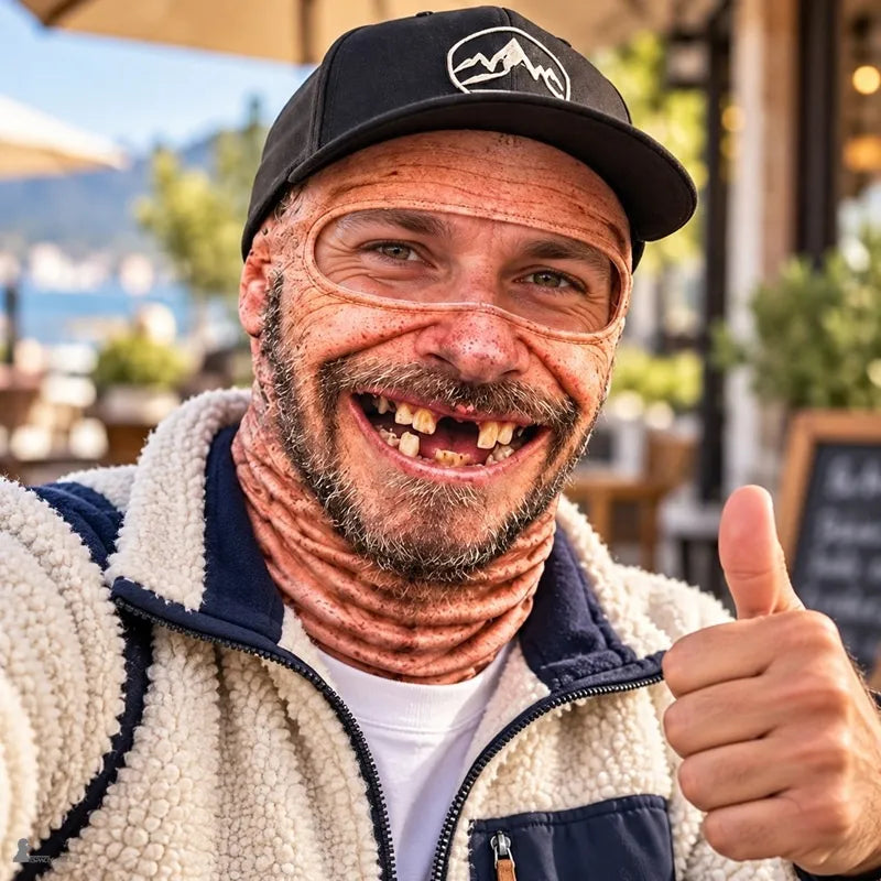 Homme en terrasse de café portant la cagoule FaceFun sourire édenté sous une casquette, pouce levé - Espace Cagoules