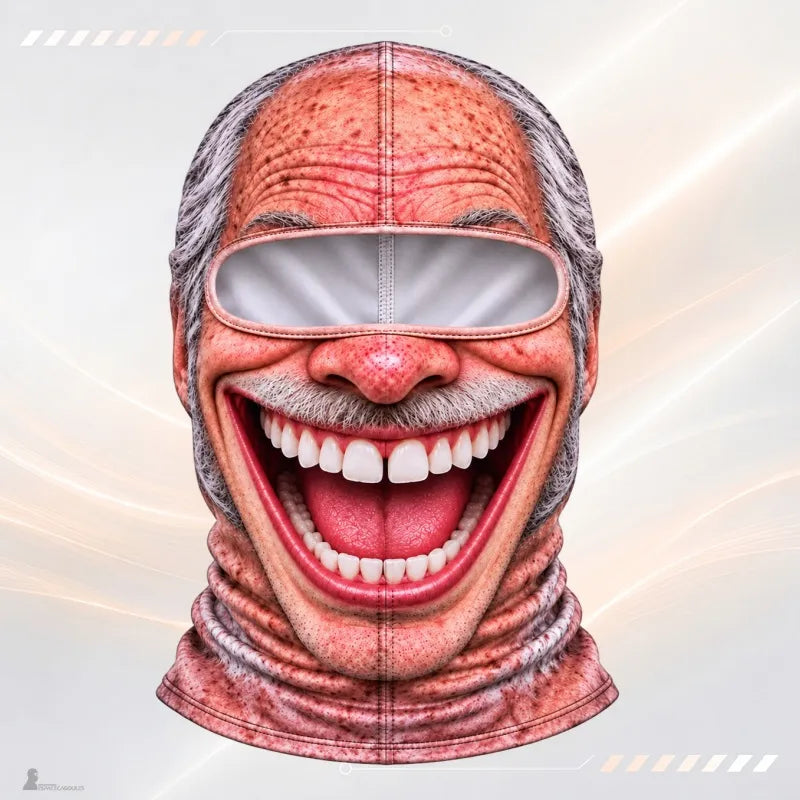 Cagoule ski fun FaceFun imprimé papy rieur aux cheveux gris et grand sourire, vue de face sur fond clair - Espace Cagoules