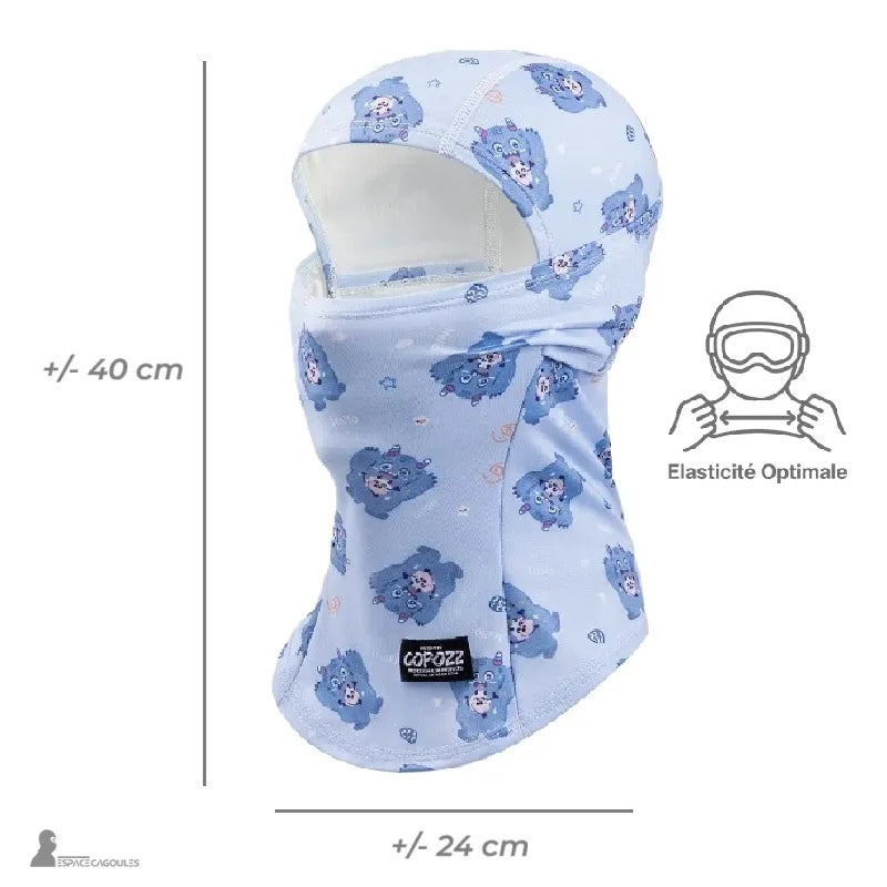 Dimensions de la Cagoule Enfant Ski, hauteur 40 cm et largeur 24 cm, tissu à élasticité optimale.