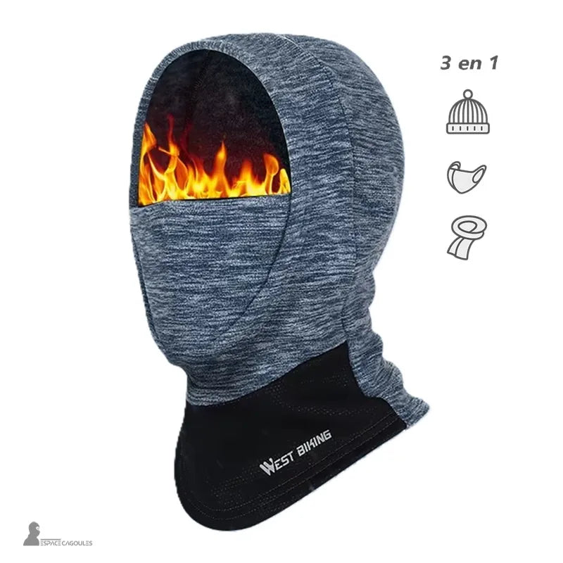 Cagoule ski garçon grise 3 en 1 illustrant bonnet masque et tour de cou avec effet de chaleur et flammes - Espace Cagoules