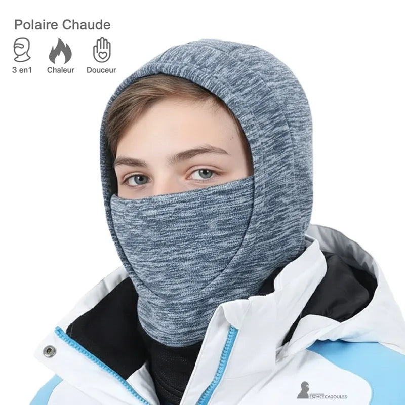 Cagoule ski garçon grise portée par adolescent en veste de ski blanche et bleue avec pictogrammes chaleur et douceur - Espace Cagoules