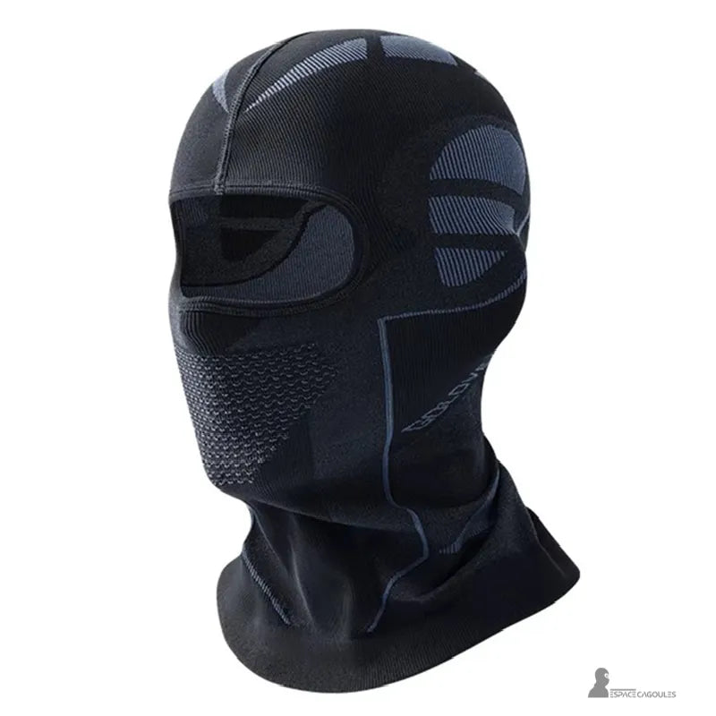 Men's black and dark blue ski balaclava viewed from the side on a light background, with contrasting side panels and a fitted face opening - Espace Cagoules.