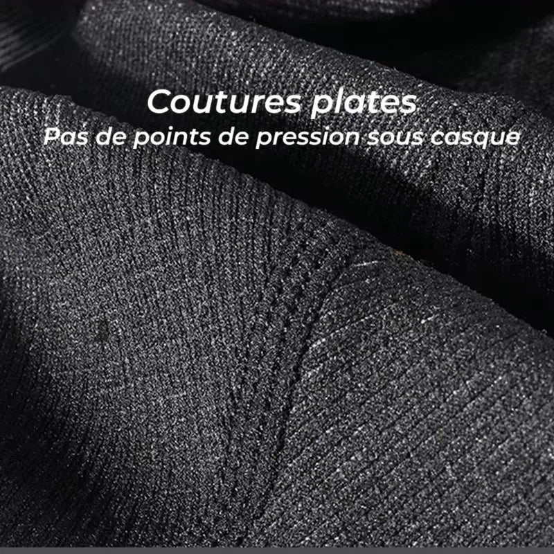 Men's black ski balaclava close-up view of flat seams with explanatory note on the absence of pressure points under the helmet - Balaclava Space