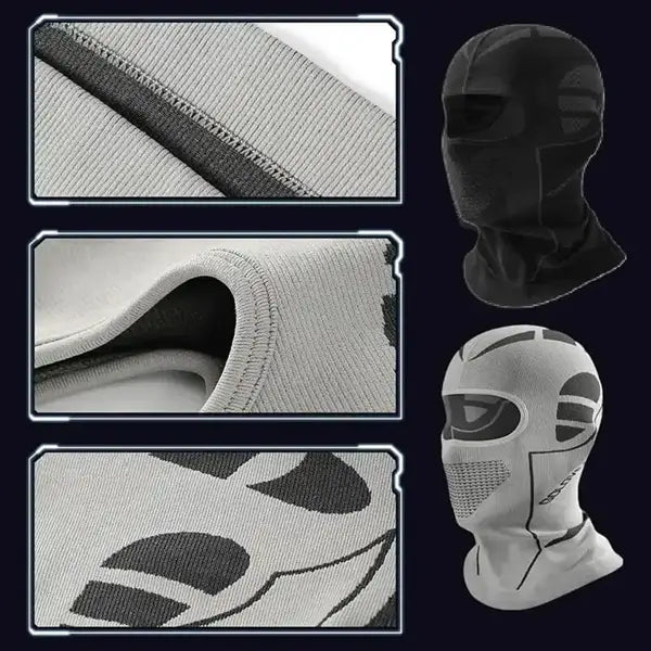 Vue détaillée des différentes de la qualité de fabrication de la cagoule ski homme noire, mettant en avant son design intégral, sa respirabilité et son adaptabilité pour les sports d'hiver