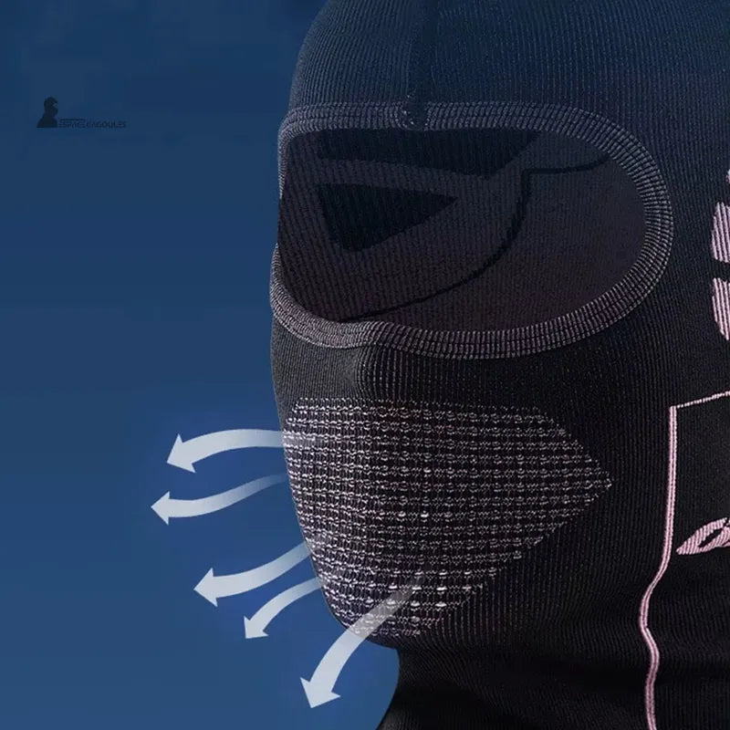 Black ski mask for men worn under a helmet, side view with arrows illustrating airflow around the mouth - Cagoules Space