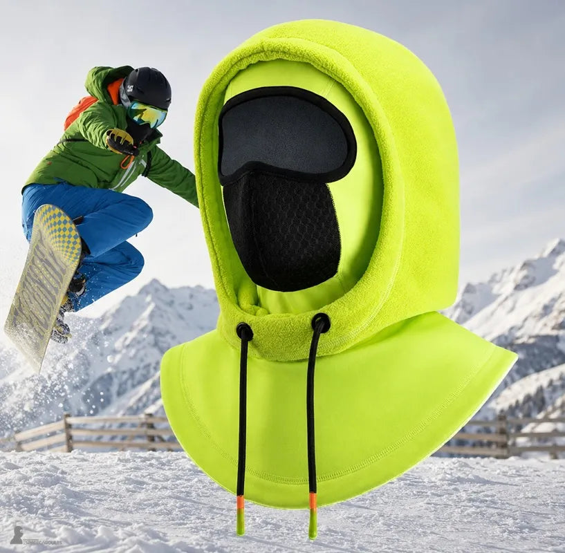 Kaptur wielofunkcyjny żółty fluorescencyjny z kapturem i osłoną na przód snowboardzisty w górach - Przestrzeń Kapturów