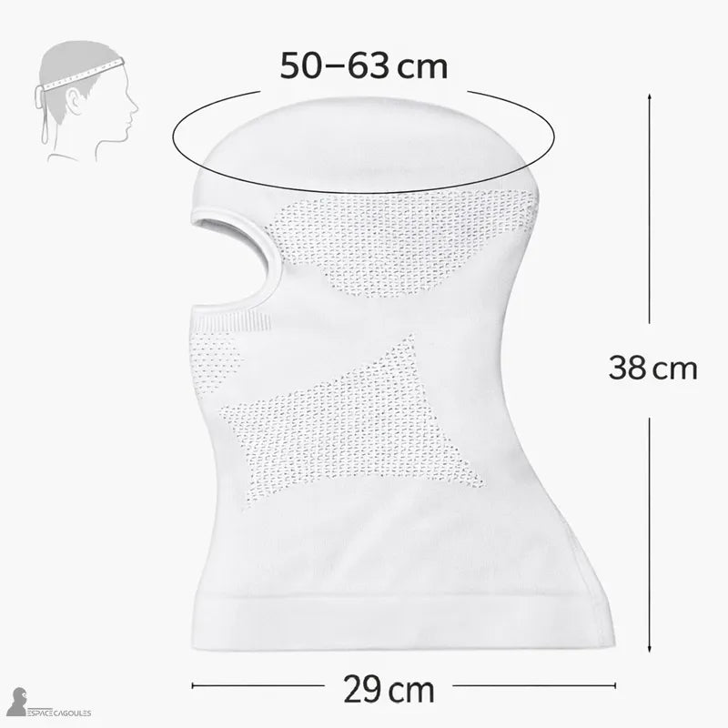Cagoule ski respirante vue de profil avec schéma des dimensions indiquant tour de tête 50 à 63 cm et hauteur 38 cm - Espace Cagoules
