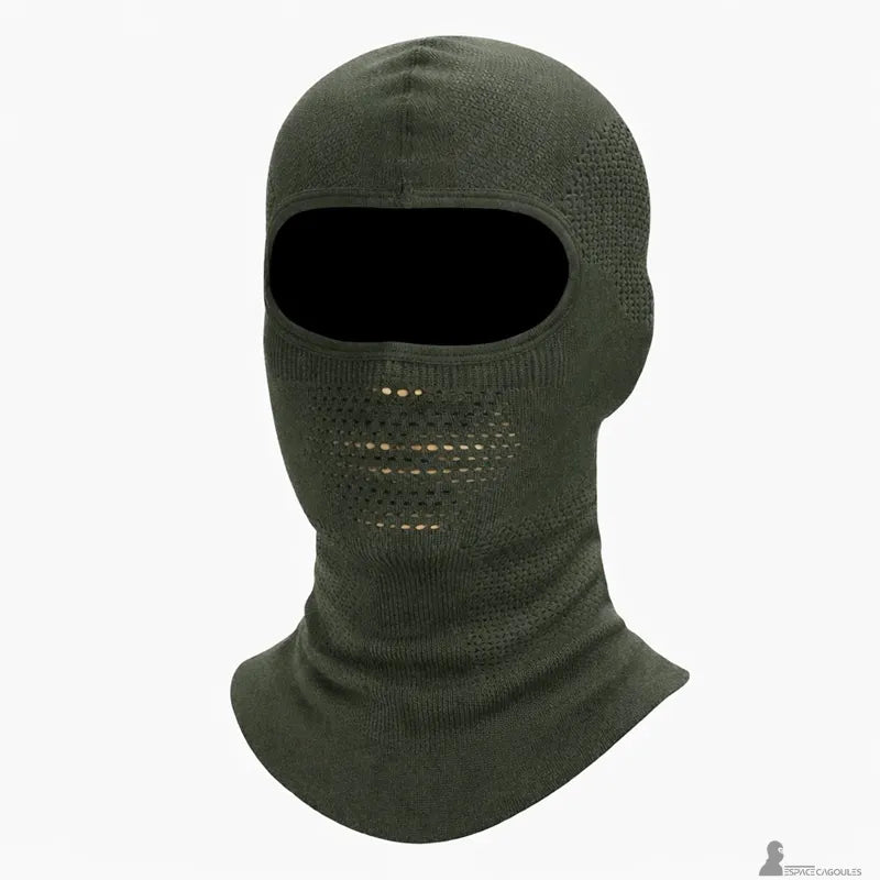 Atmungsaktive Skimaske in Dunkelgrün, Frontansicht mit atmungsaktiven Perforationen im Mundbereich und strukturierter Oberfläche - Bereich Skimasken