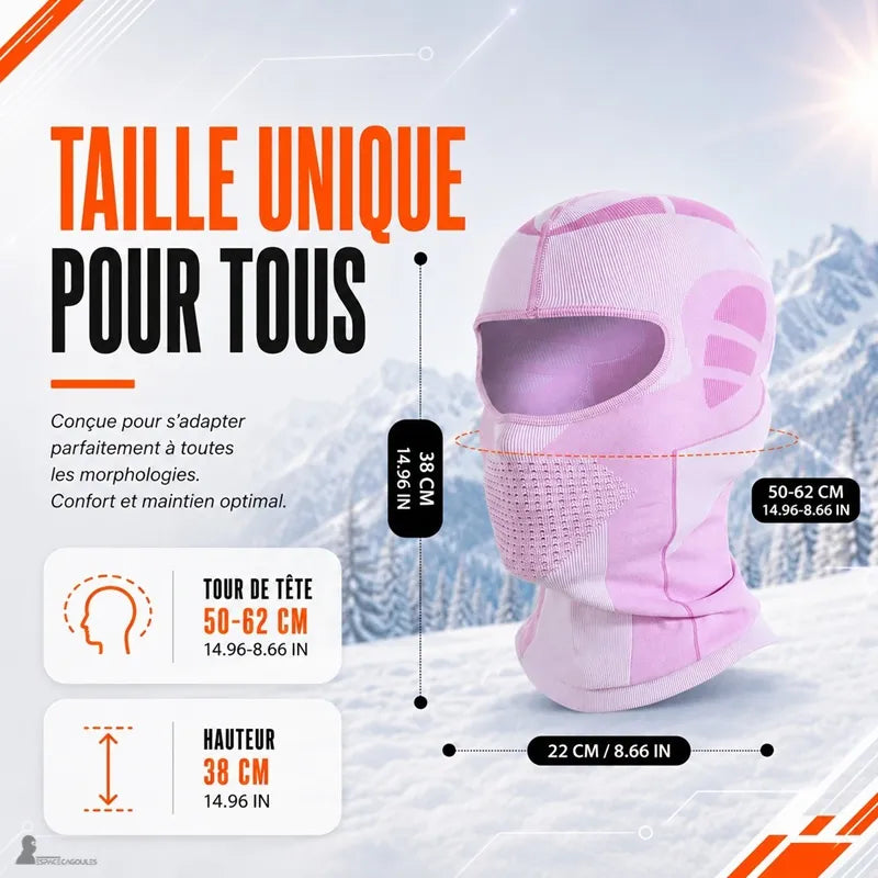 Dimensions de la cagoule de ski rose SnowRose : tour de tête 50 à 62 cm, hauteur 38 cm, largeur 22 cm - Espace Cagoules