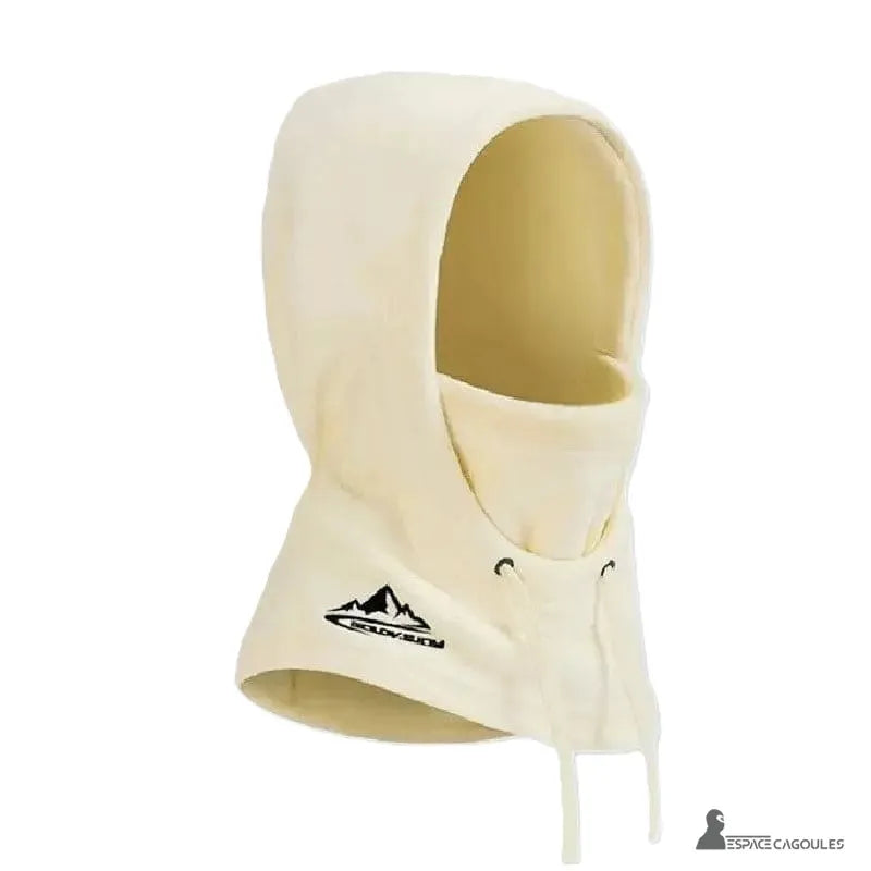 Cagoule snowboard beige en polaire douce avec cordon de serrage, idéale pour sports d’hiver