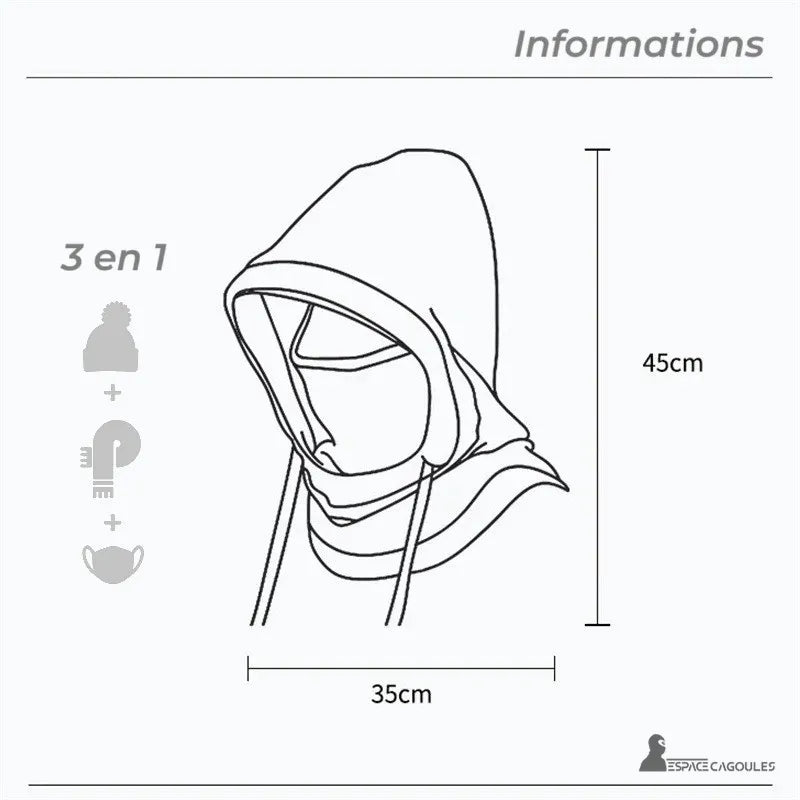 Cagoule snowboard schéma dimensions 3 en 1 bonnet écharpe masque avec mesures en centimètres