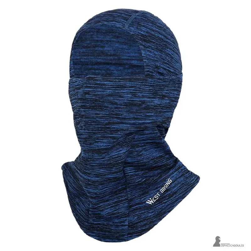Blaue Fahrradhelm-Cagoule aus technischem, atmungsaktivem Material, optimaler Halt unter dem Fahrradhelm, Espace Cagoules.