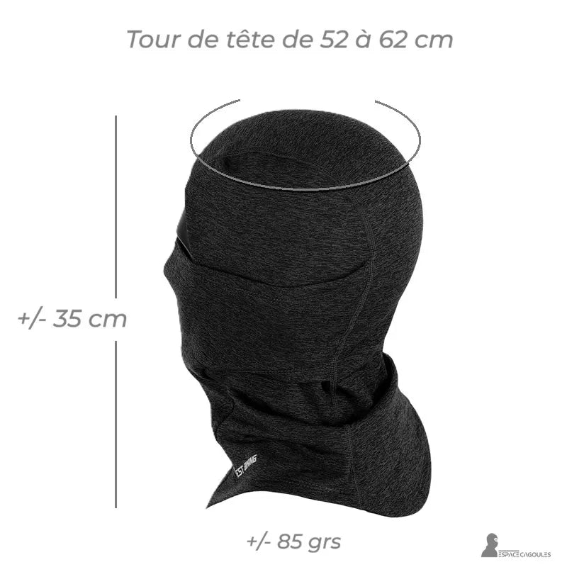 Cykelhjälmsbalaclava med detaljerade mått, passar huvudomfång 52 till 62 cm och är lättviktig, universell passform, Espace Cagoules.