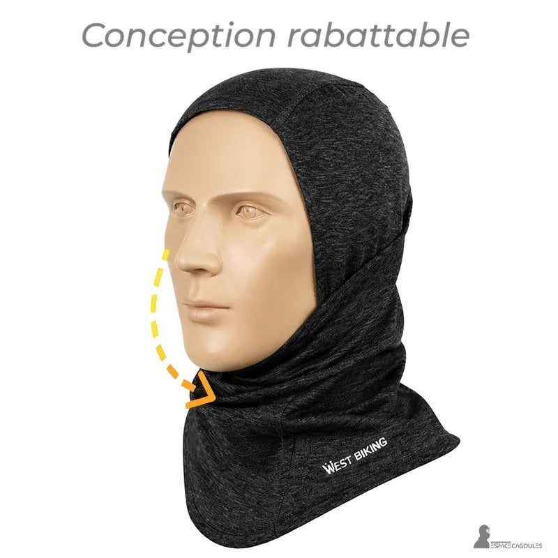 Cykelhjälmsbalaclava med vikbar design som gör att ansiktet kan blottas, mjuk och justerbar passform under hjälmen, Espace Cagoules.
