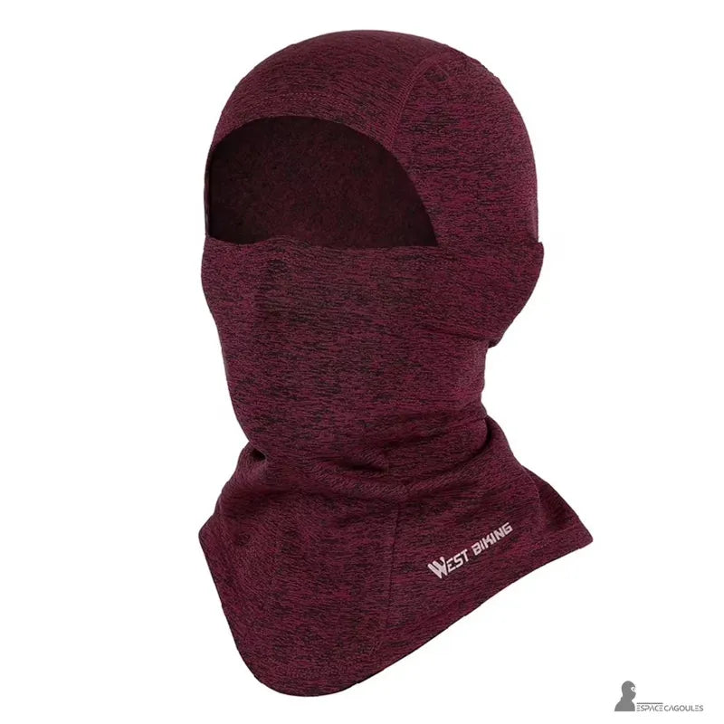 Cykelhjälmsbalaclava röd, framsidan, full ansikts- och nackskydd, elastiskt tyg kompatibelt med hjälm, Espace Cagoules.