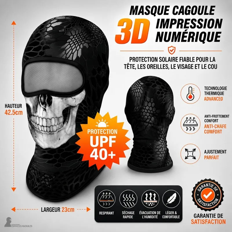 Cagoule squelette à motif crâne avec indications des dimensions, protection UPF 40+ et caractéristiques respirantes - Espace Cagoules