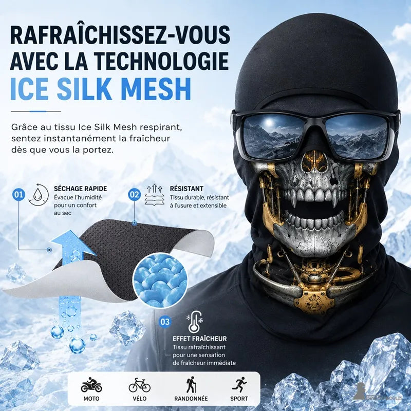 Cagoule squelette en soie glacée portée avec lunettes, illustration de la technologie de tissu rafraîchissant et du séchage rapide - Espace Cagoules