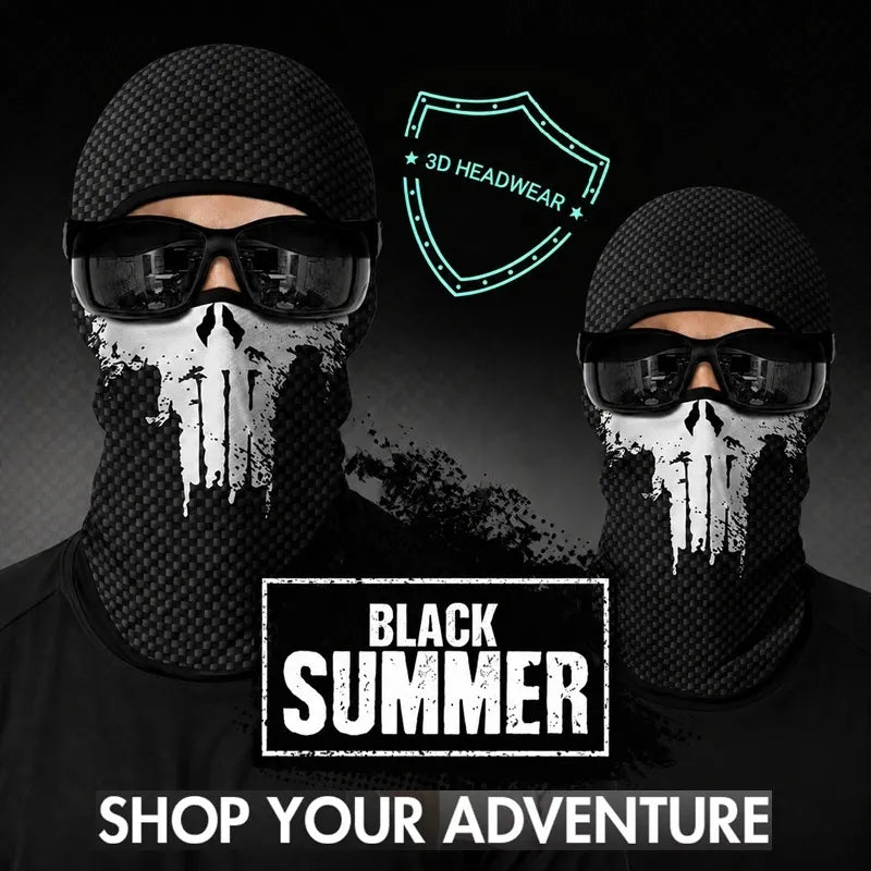 Cagoule squelette à motif crâne stylisé portée par un homme à lunettes, visuel Black Summer collection 3D headwear - Espace Cagoules