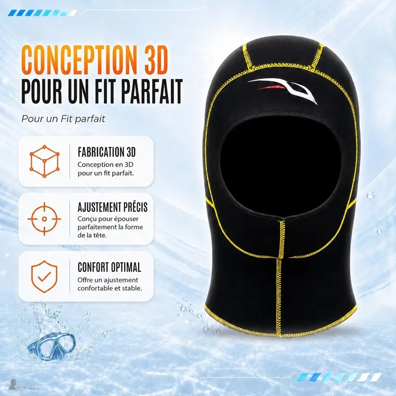 Conception 3D de la cagoule surf femme épousant le contour du visage pour rester en place à la rame - Espace Cagoules