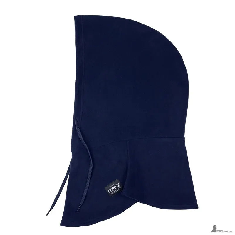Cagoule sur casque de ski bleu marine en polaire vue de profil avec cordon d'ajustement et base allongée couvrant la nuque - Espace Cagoules