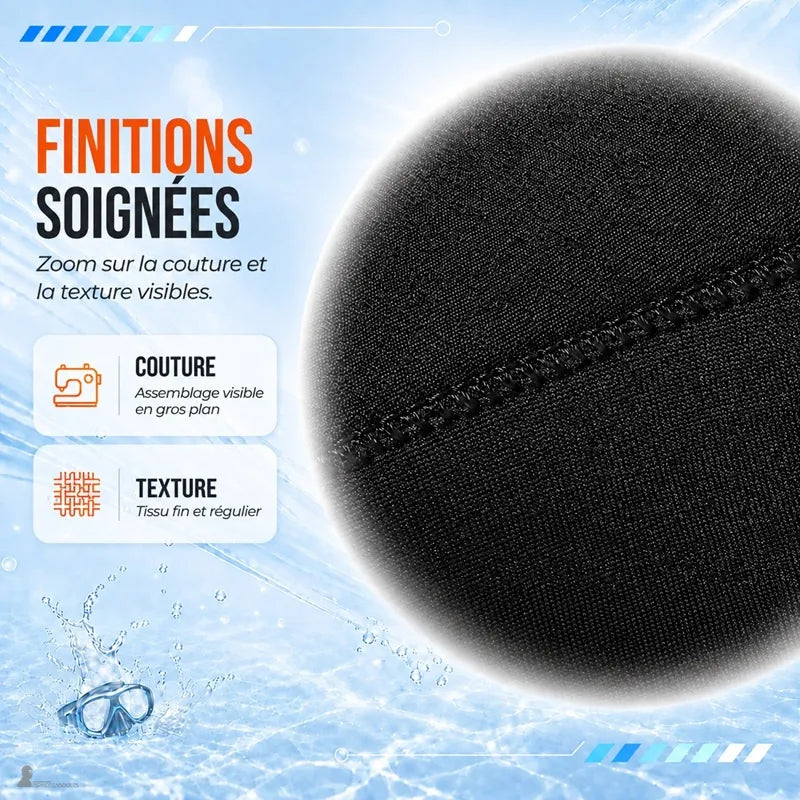 Gros plan sur les finitions et la couture régulière du néoprène de la cagoule surf 1mm - Espace Cagoules