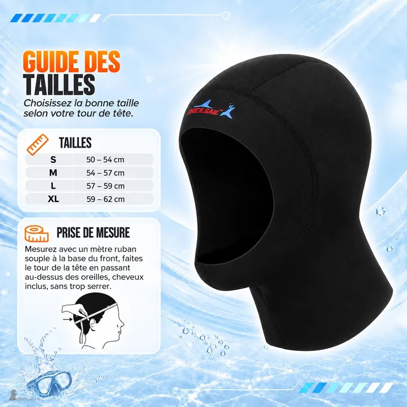 Guide des tailles cagoule surf 1mm, mesure du tour de tête cheveux inclus - Espace Cagoules