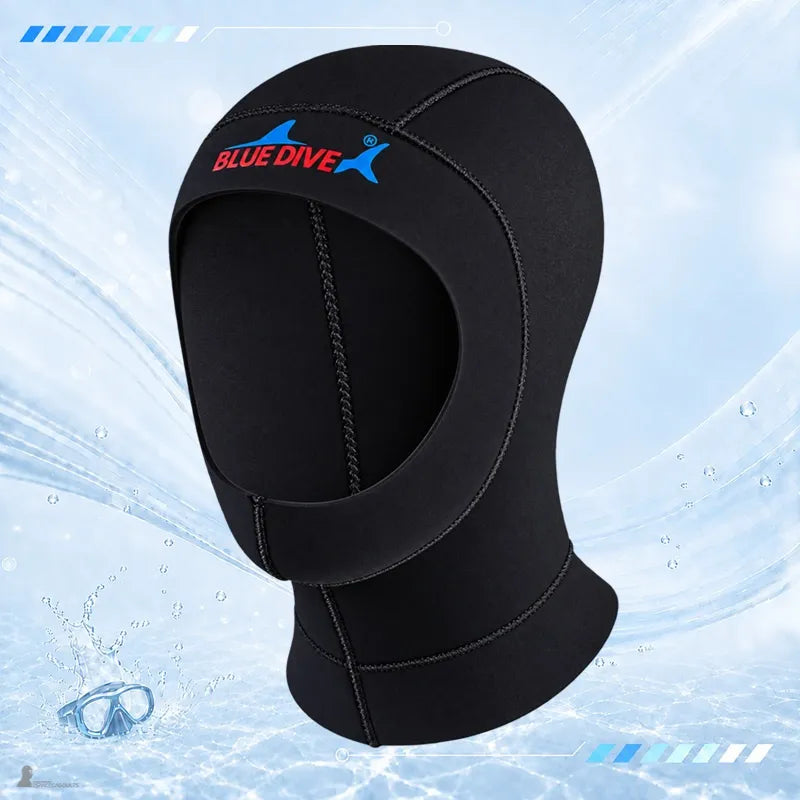 Cagoule surf 1mm en néoprène noir fin, vue de profil gauche, coupe intégrale à bavette - Espace Cagoules