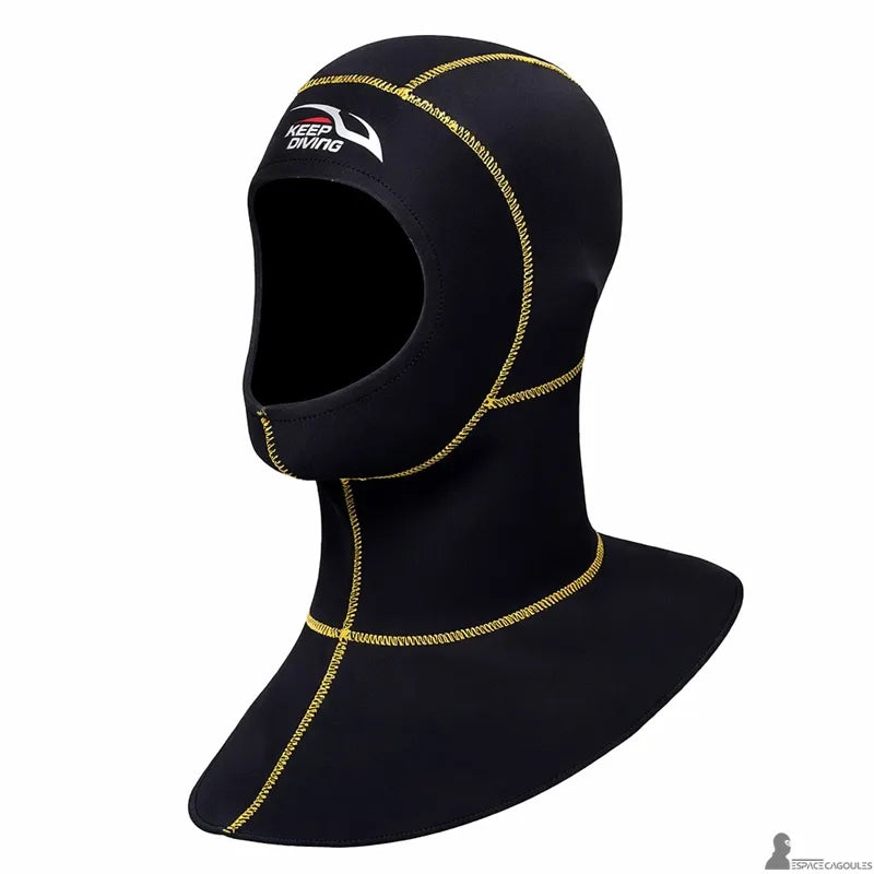 Surf hood for women seen from the side, showing the enveloping cut and extended protection for the neck and shoulders.