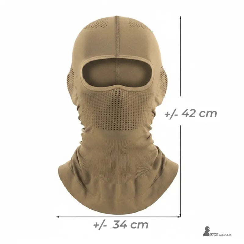 Taktische Haube aus dehnbarem technischem Gewebe in Khaki, umhüllende Form mit 1 Loch, das Kopf und Hals bedeckt, Vorderansicht mit Maßangaben - Bereich Hauben