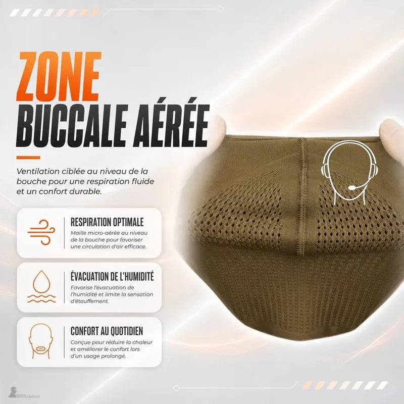 Zone buccale en maille micro-aérée de la cagoule tactique tan pour faciliter la respiration - Espace Cagoules