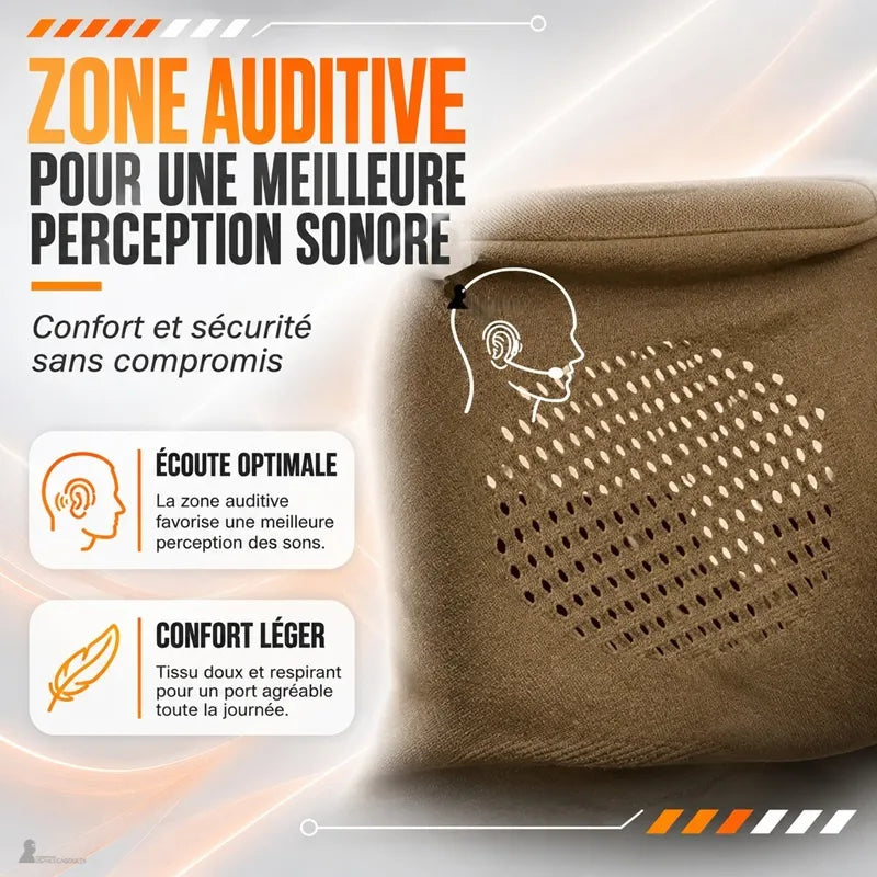 Zone auditive perforée de la cagoule tactique tan préservant la perception des sons - Espace Cagoules
