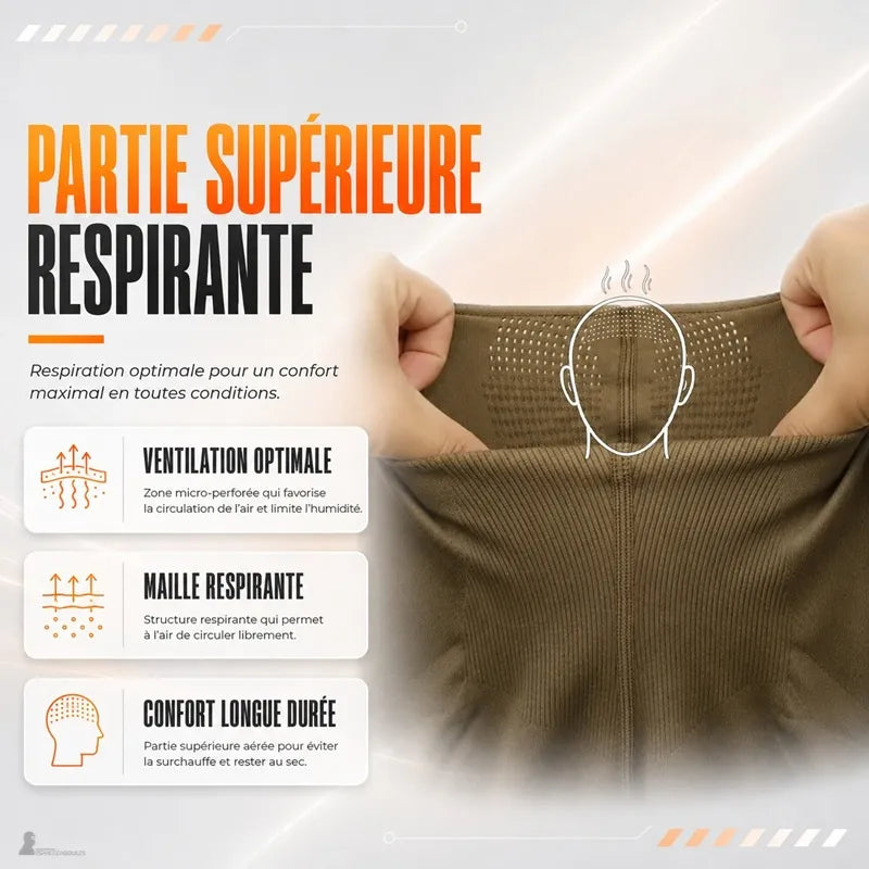 Partie supérieure micro-perforée de la cagoule tactique tan étirée pour montrer sa ventilation - Espace Cagoules