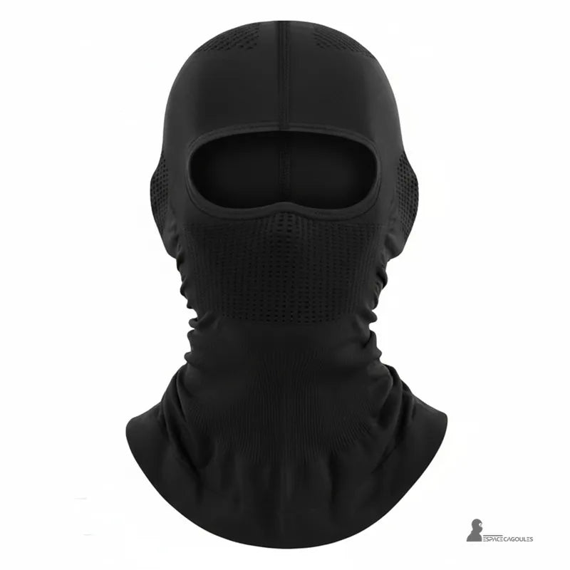 Taktische Haube aus dehnbarem technischem Stoff in Schwarz, umhüllende Form mit 1 Loch, das Kopf und Hals bedeckt, Frontansicht im Studio - Cagoules Bereich