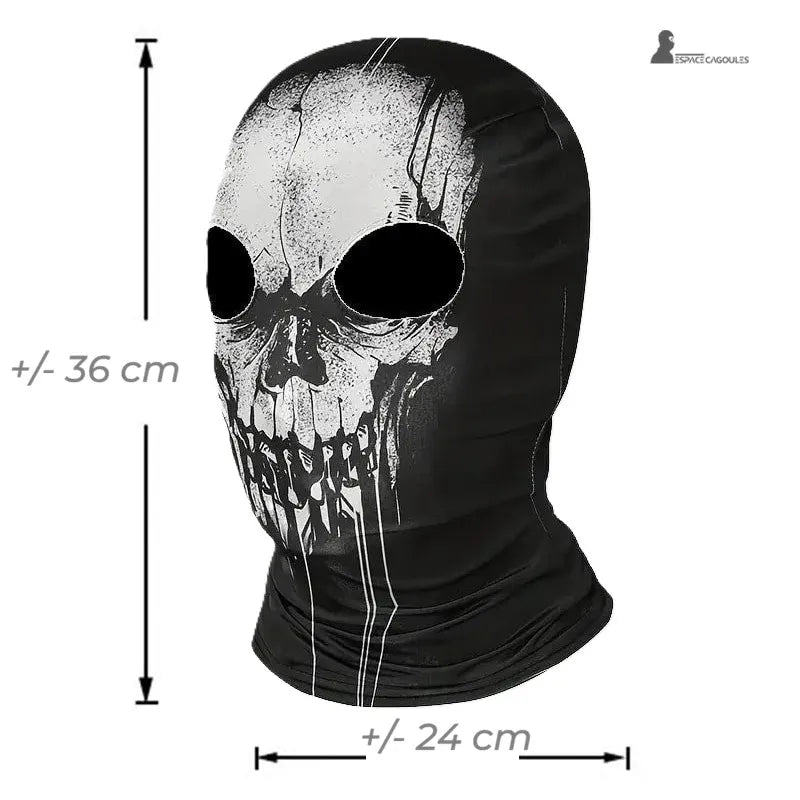 Cagoule tête de mort 2 trous en polyester et lycra noire, forme ergonomique avec ouvertures ovales, vue de profil avec indication des dimensions 36 cm par 24 cm sur fond blanc - Espace Cagoules