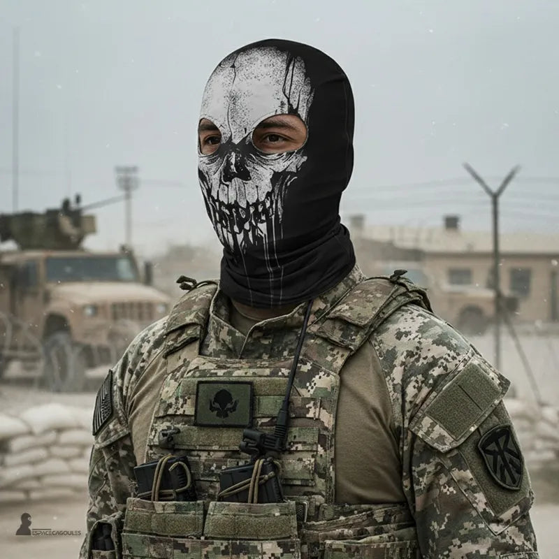 Cagoule tête de mort 2 trous en polyester et lycra noire, portée avec tenue camouflage en extérieur, vue frontale en environnement militaire flouté - Espace Cagoules