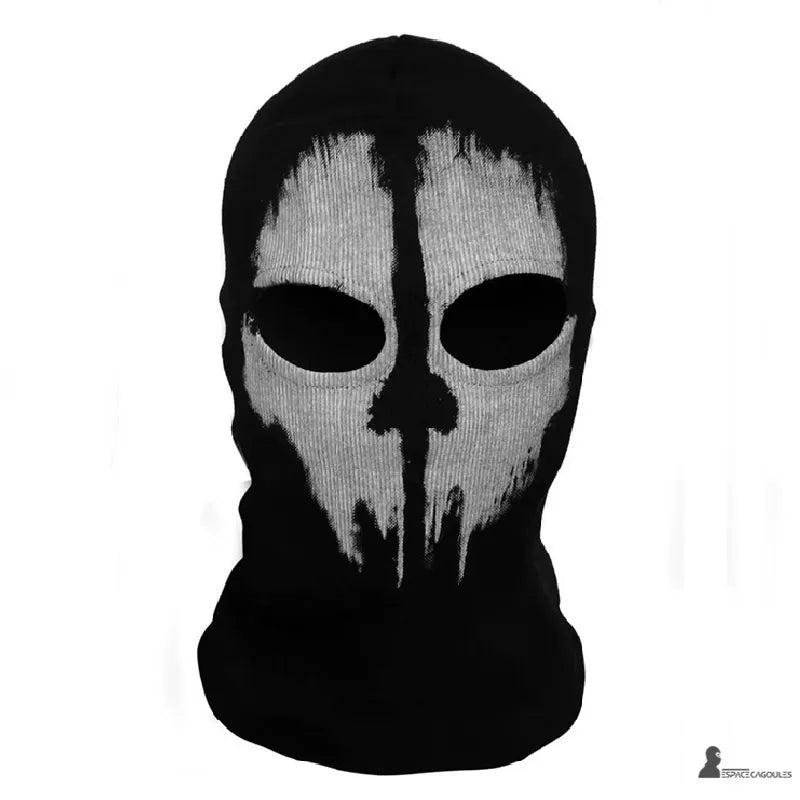 Cagoule tête de mort Call of Duty en coton et spandex, forme intégrale 1 trou avec motif crâne blanc symétrique, vue produit de face sur fond clair - Espace Cagoules