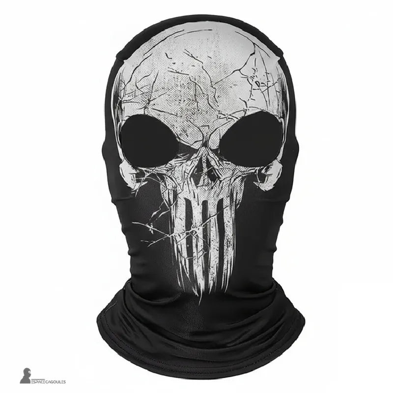 Cagoule tête de mort sous casque avec grand crâne blanc fissuré imprimé sur fond noir, vue de face à plat – Espace Cagoules