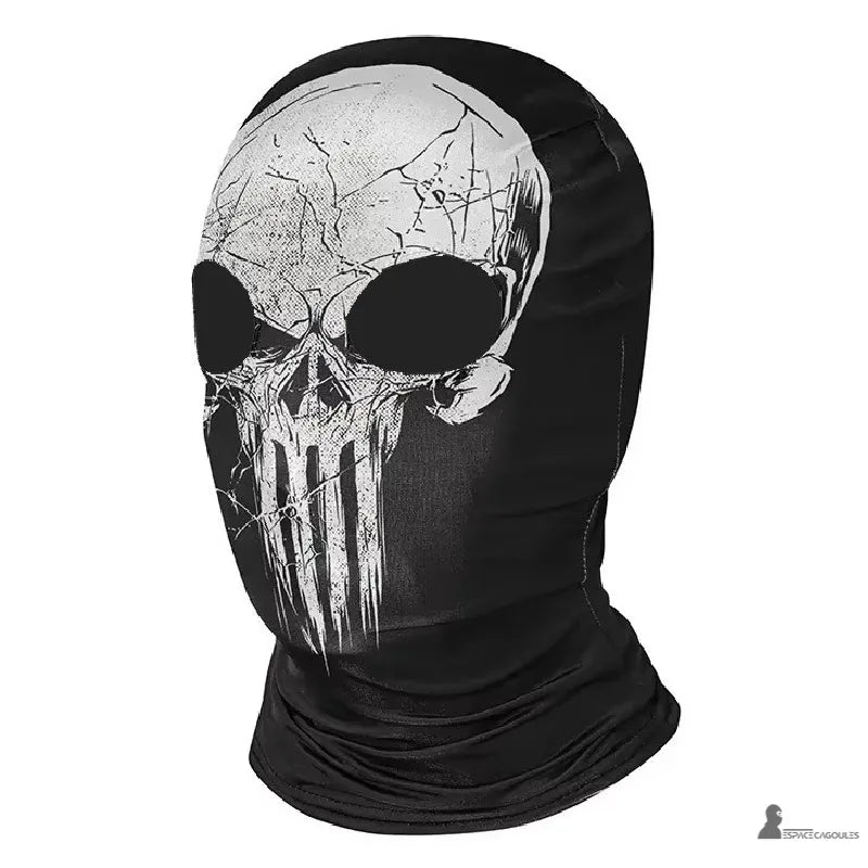 Cagoule tête de mort sous casque avec motif crâne blanc couvrant le visage, vue de profil à plat sur fond clair – Espace Cagoules