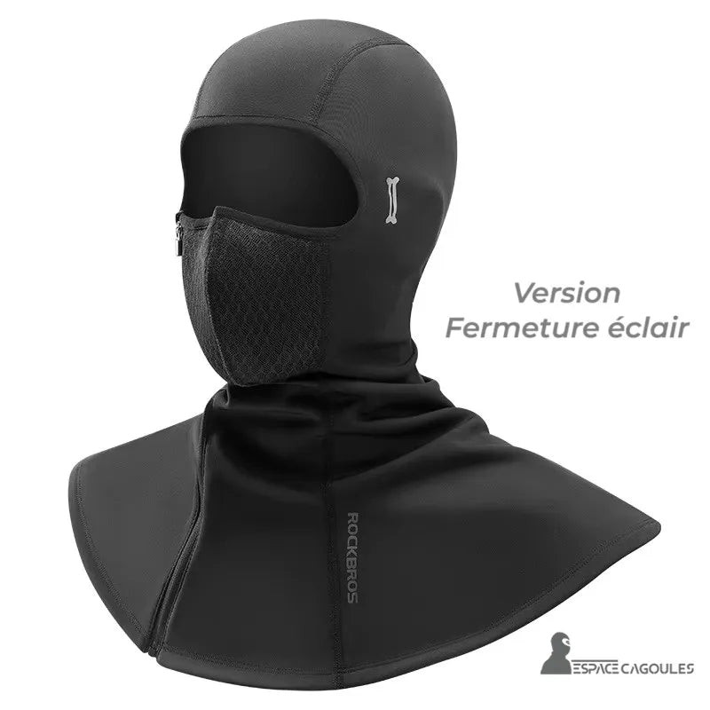 Cagoule thermique Moto – Version avec fermeture éclair illustrée sur fond blanc, montrant une cagoule intégrale noire avec masque fixe zippé.