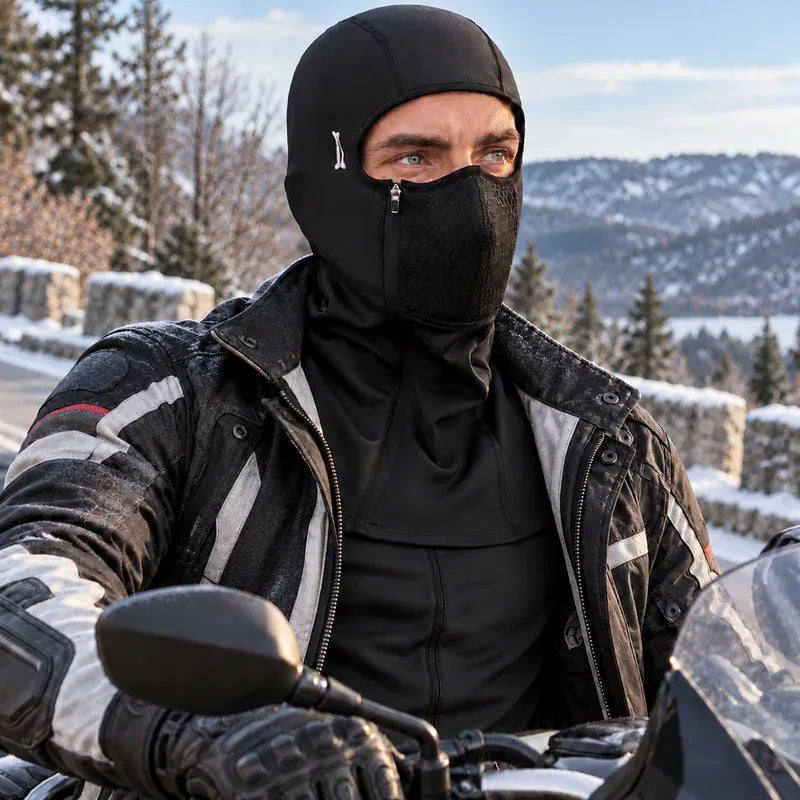 Motard portant la cagoule thermique Thermik, plastron glissé sous sa veste moto, sur une route de montagne enneigée - Espace Cagoules