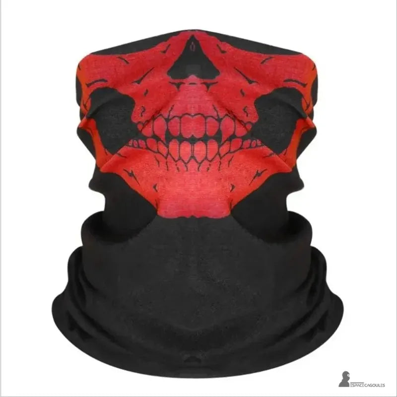 Red skull head balaclava with black skull pattern, front view on a light neutral background - Cagoules Space