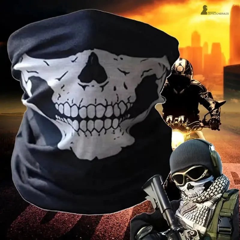 Skull balaclava with a white skull pattern viewed from the front against an urban background with a motorcyclist and city silhouette in the background - Balaclava Space.