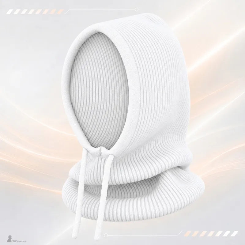 White Capélina women's knitted balaclava displayed alone, hood up, ribbed knit and white drawcord - Espace Cagoules