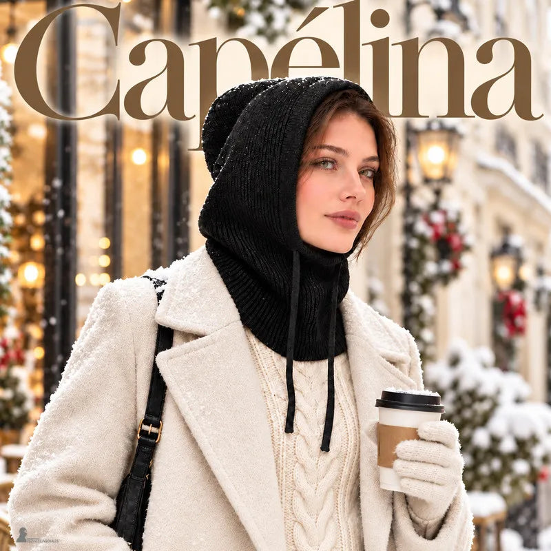 Couverture façon magazine : femme en manteau blanc et cagoule tricot Capélina noire, café à emporter à la main dans une rue décorée pour Noël - Espace Cagoules