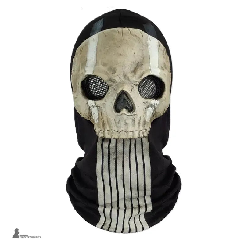 Cagoule type ghost recon version demi-masque avec impression verticale noire sur fond blanc vue de face - Espace Cagoules