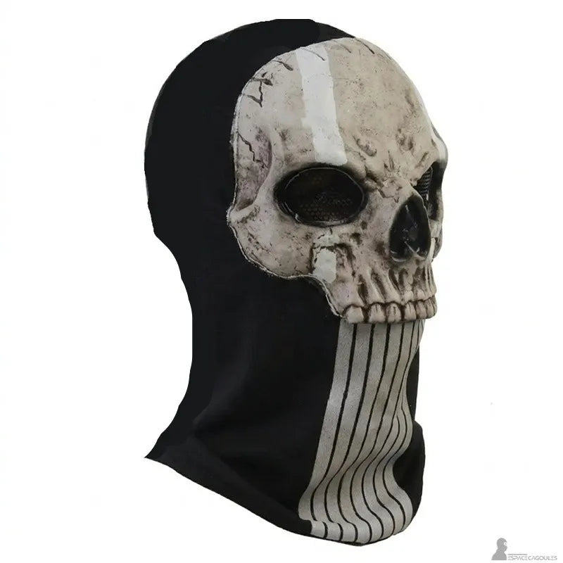 Cagoule type ghost recon masque crâne avec bande blanche centrale et motif rayures verticales sur le cou vue profil gauche - Espace Cagoules